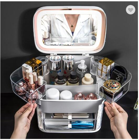 Portable Plastic Cosmetic Jewelry Organizer Box with LED Mirror cheapest Rechargeable